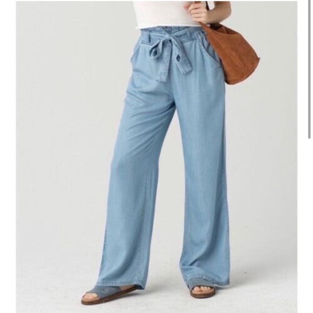 Thread & Supply Blue Chambray High Rise Wide Leg Paper Bag Pants